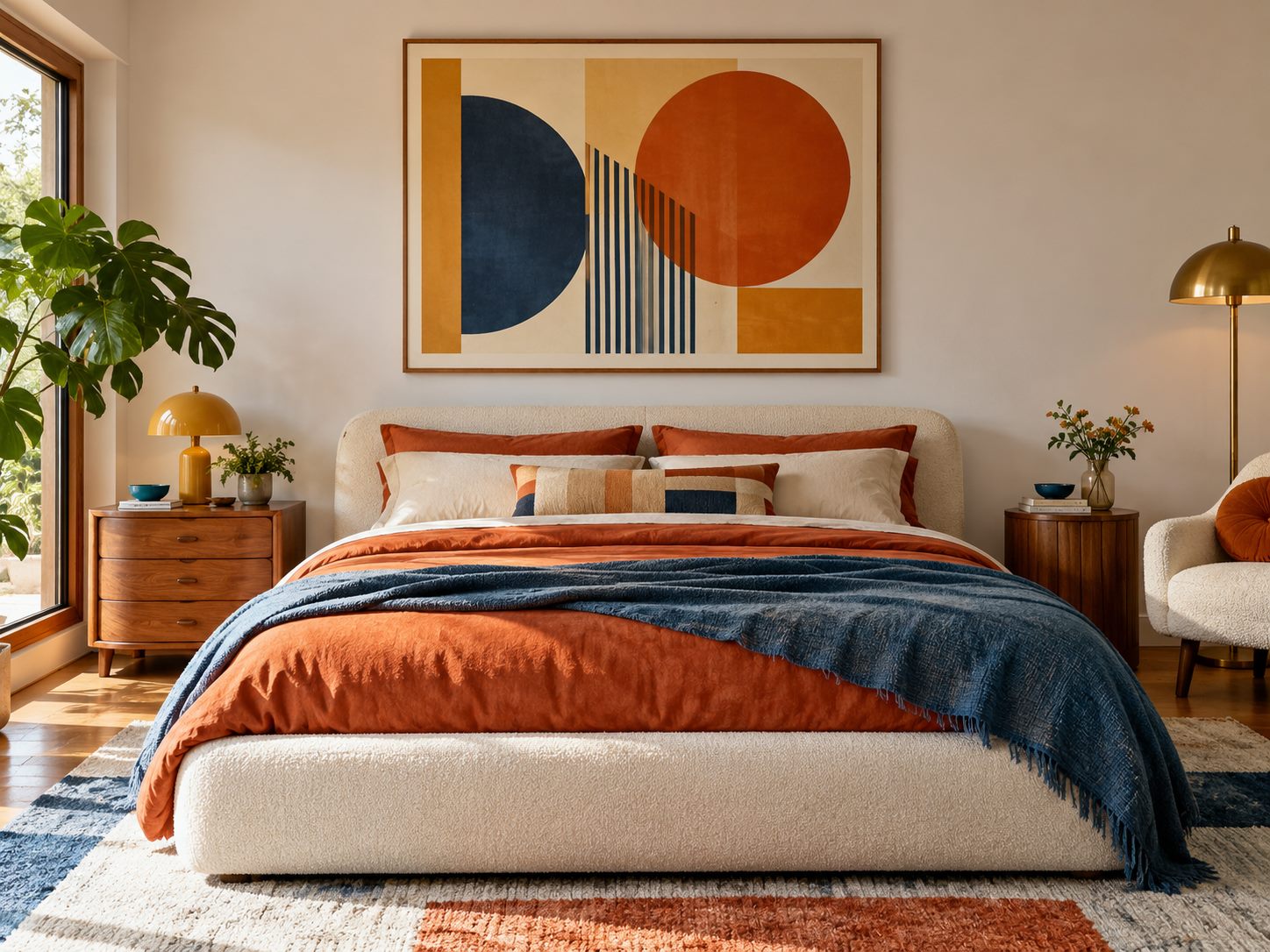 Large geometric print above a bed