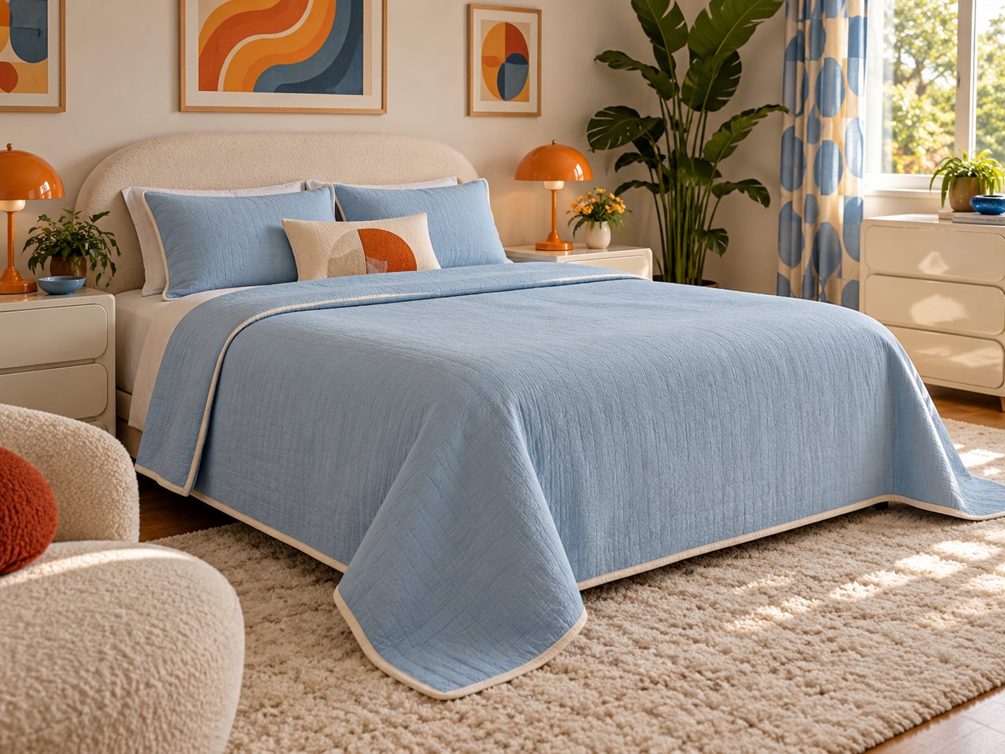 Pale blue bedspread with a clean outline