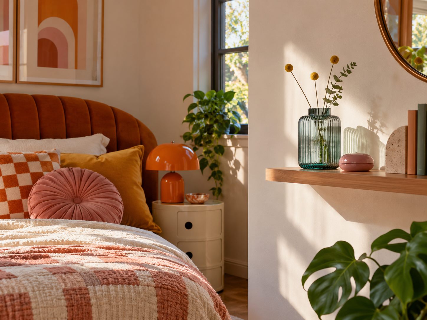 Ribbed-glass vase on a stable bedroom shelf