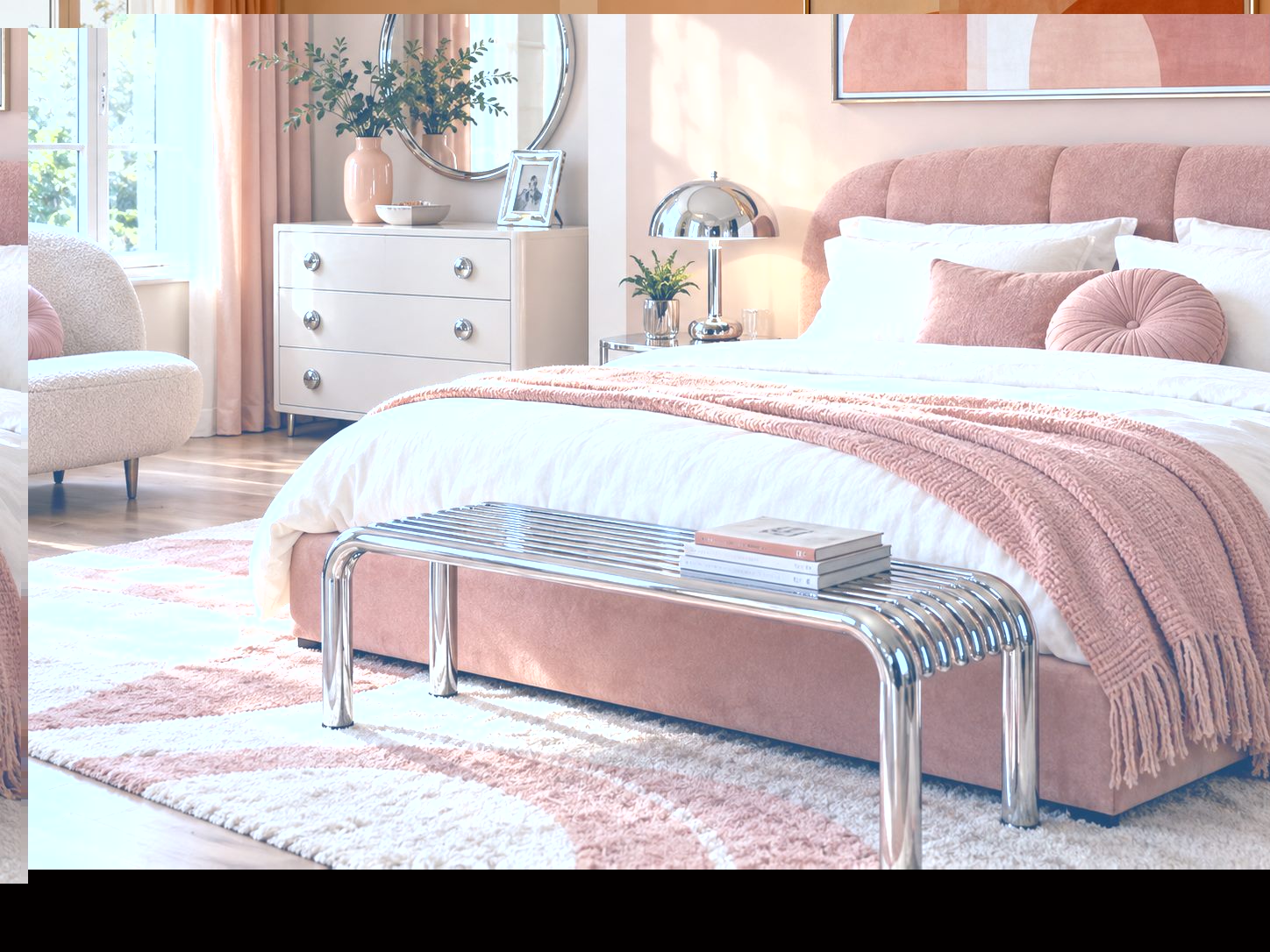 Chrome detail on an upholstered bedroom bench