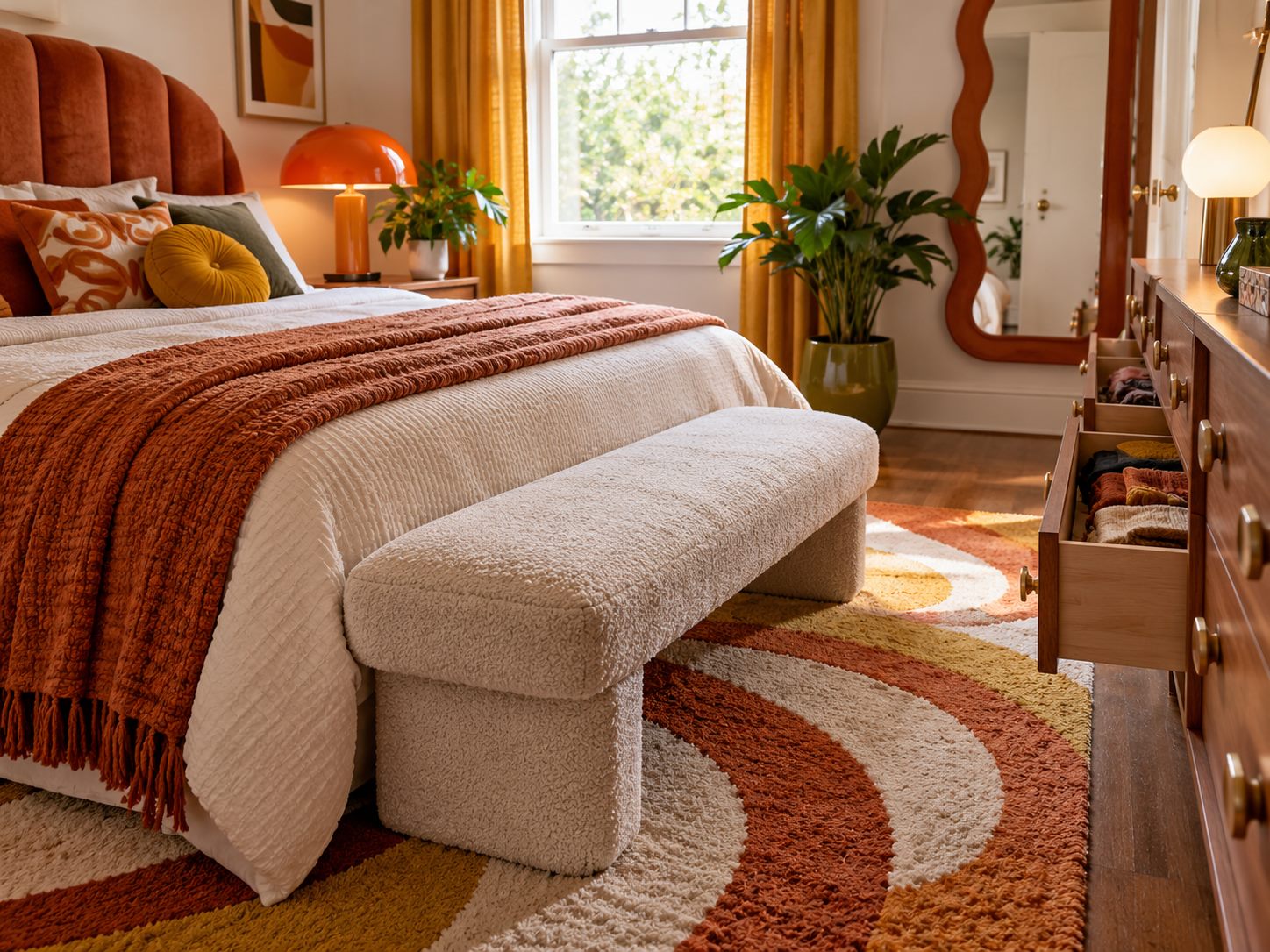 Low upholstered bench at the foot of a bed