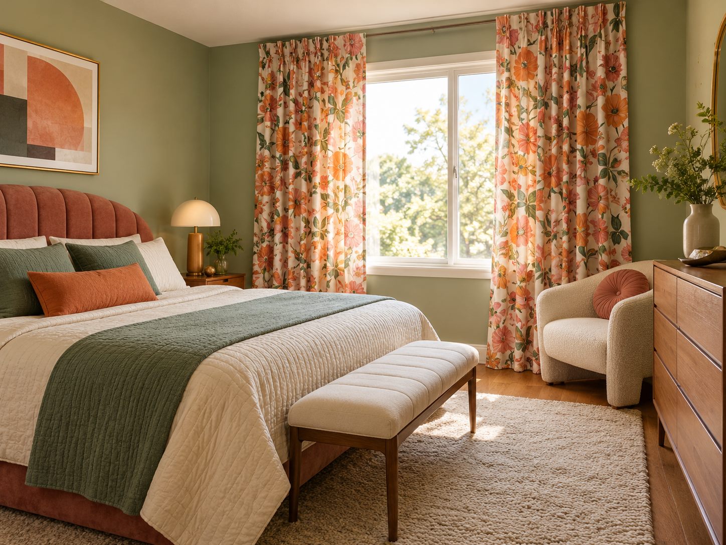 Floral curtains with plain bedroom furniture