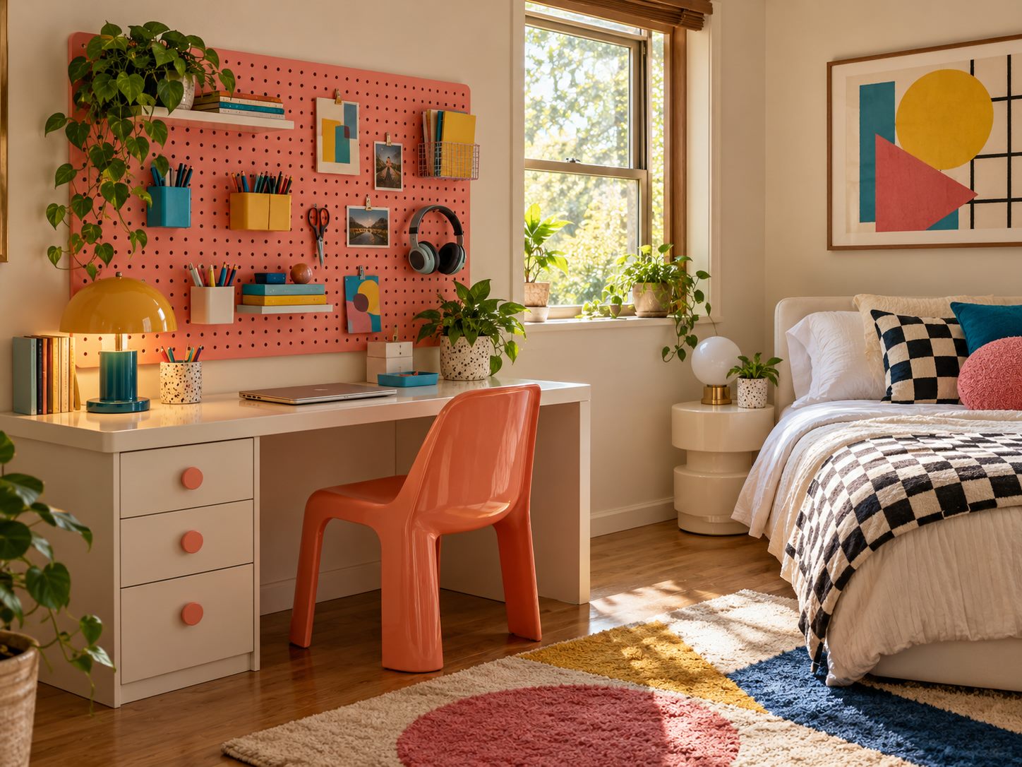 Colorful pegboard organizing a bedroom desk