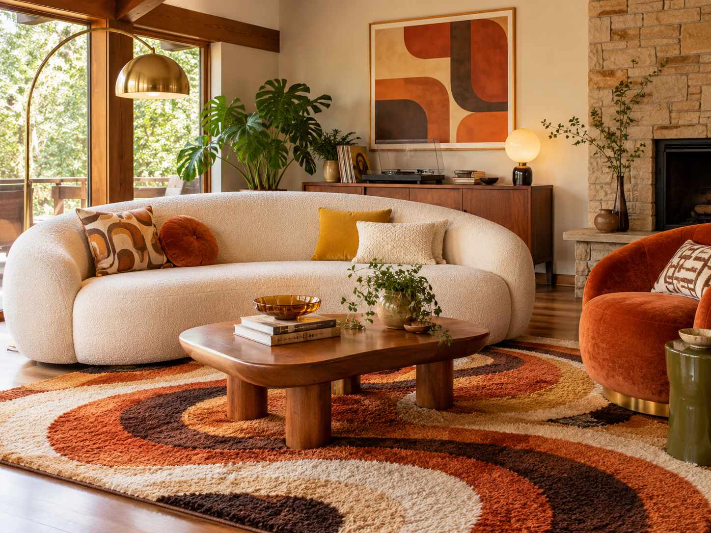Rounded cream sofa with colorful geometric accents