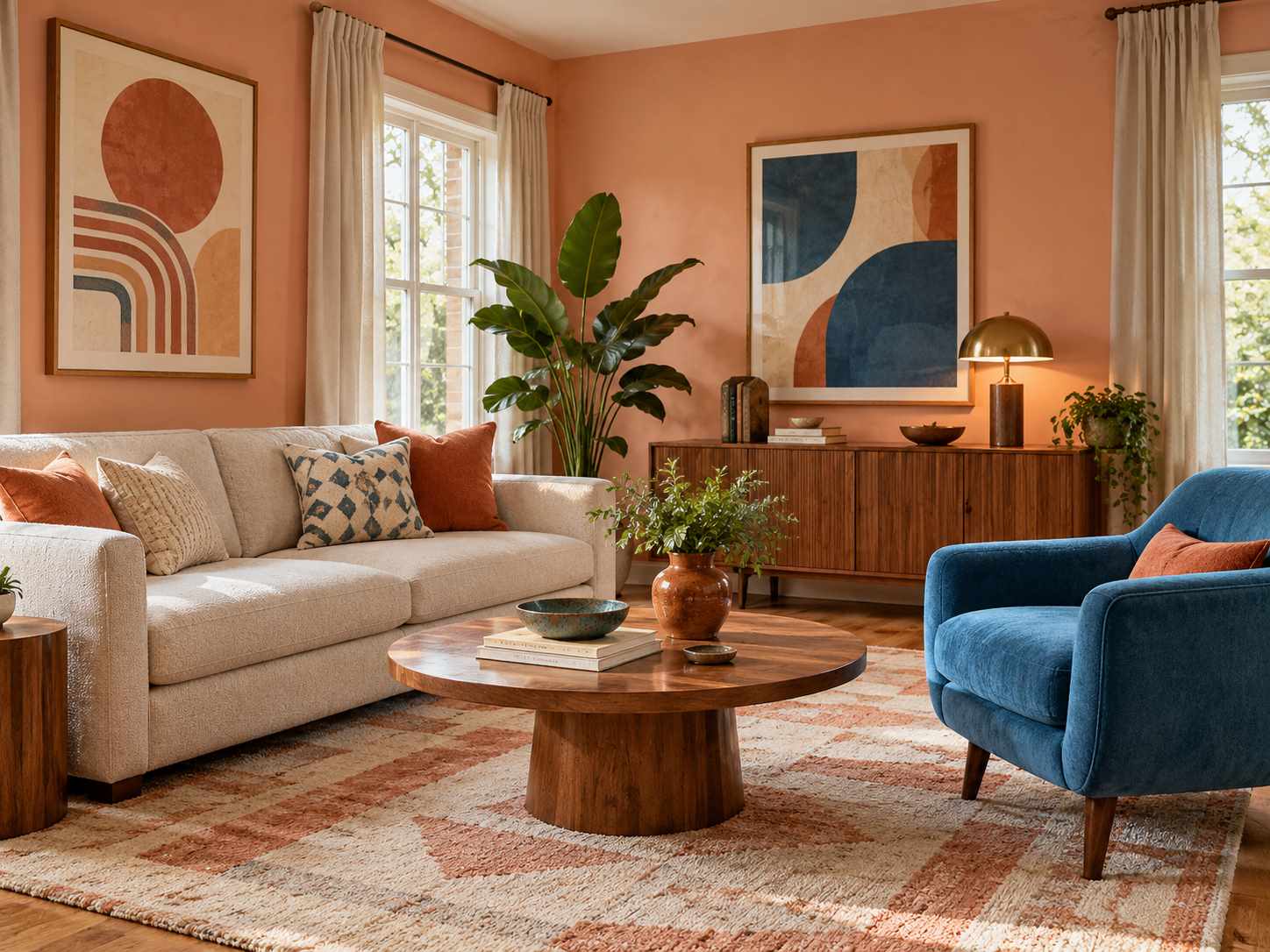Peach walls with a blue living room chair