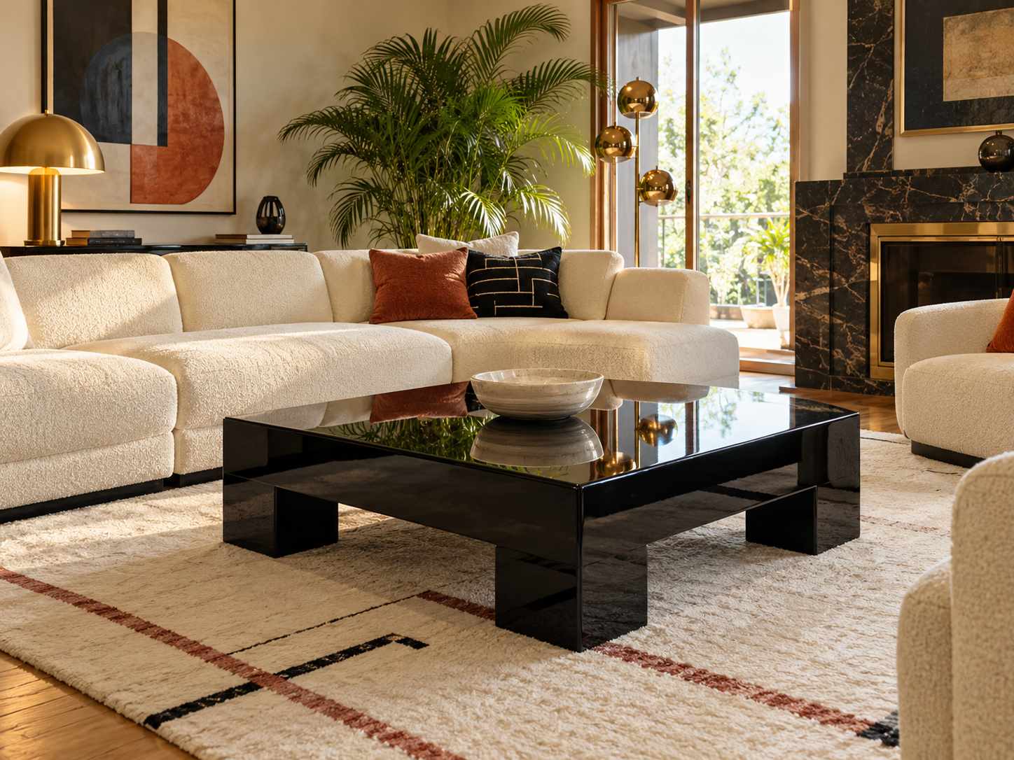 Black lacquer coffee table beside pale seating