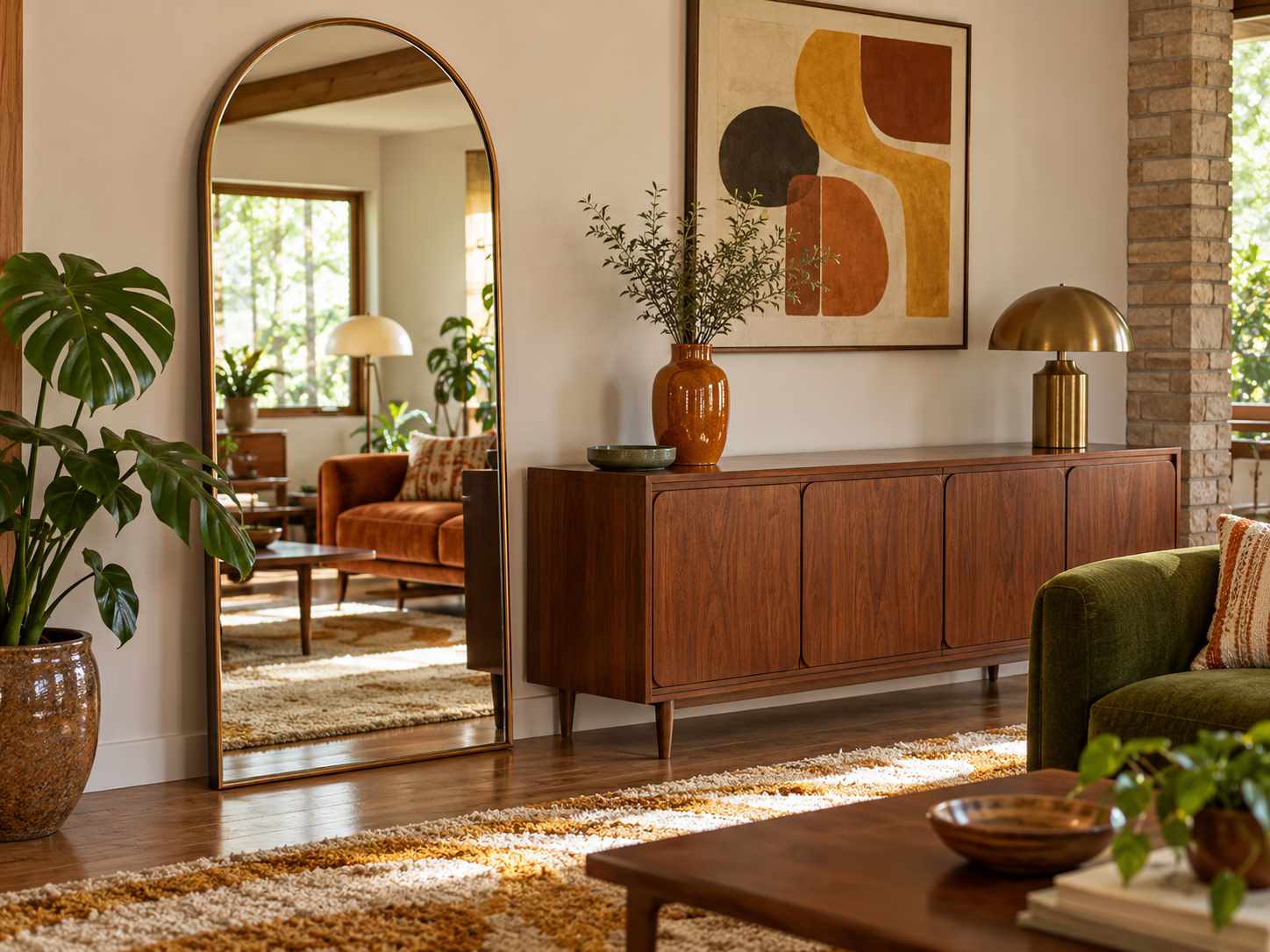 Tall arched mirror beside a wooden cabinet