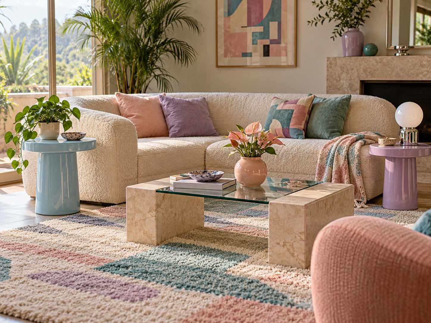 Small pastel side tables around a seating group