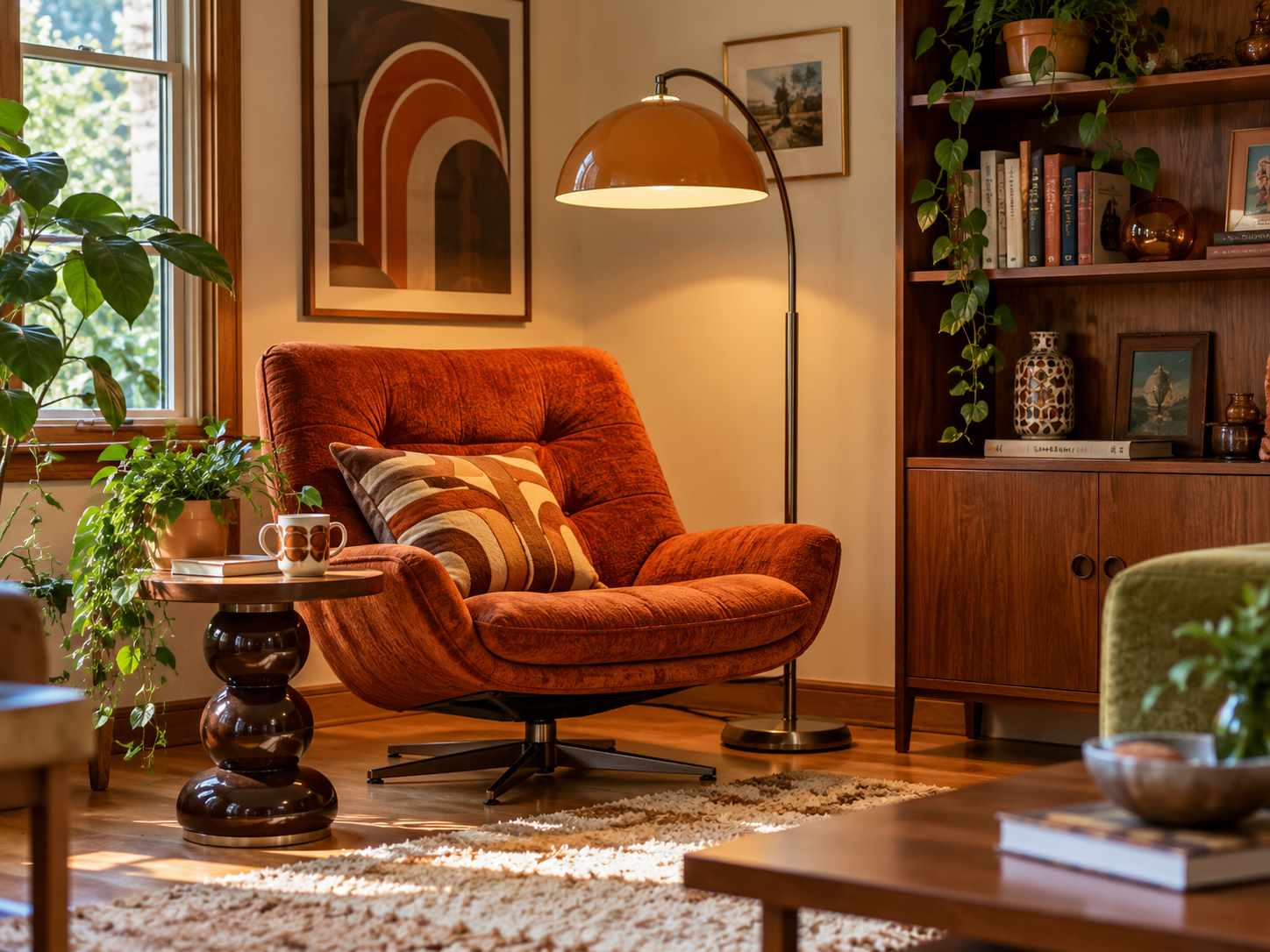 Reading chair beside a curved floor lamp