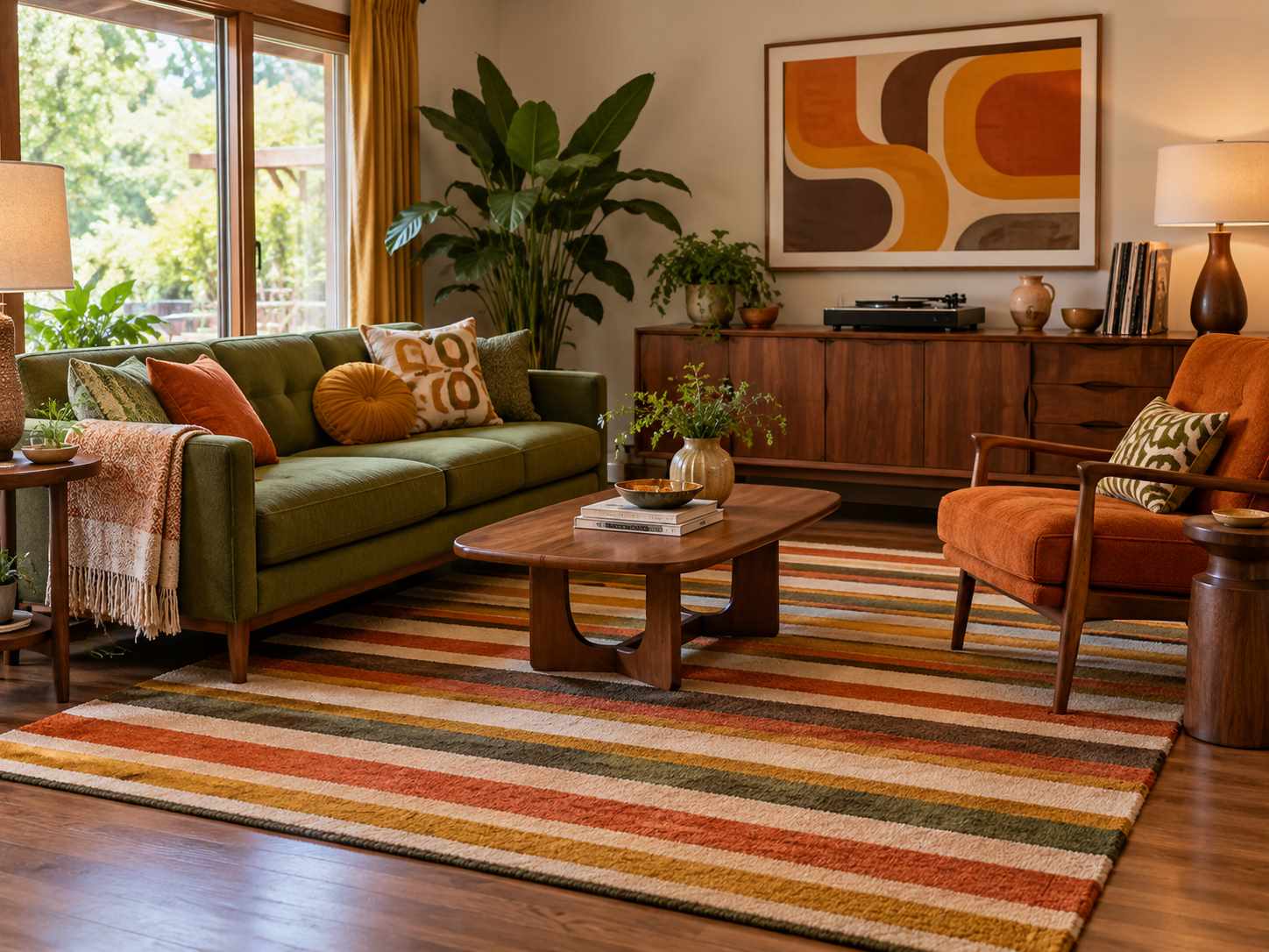 Striped rug organizing a living room seating group