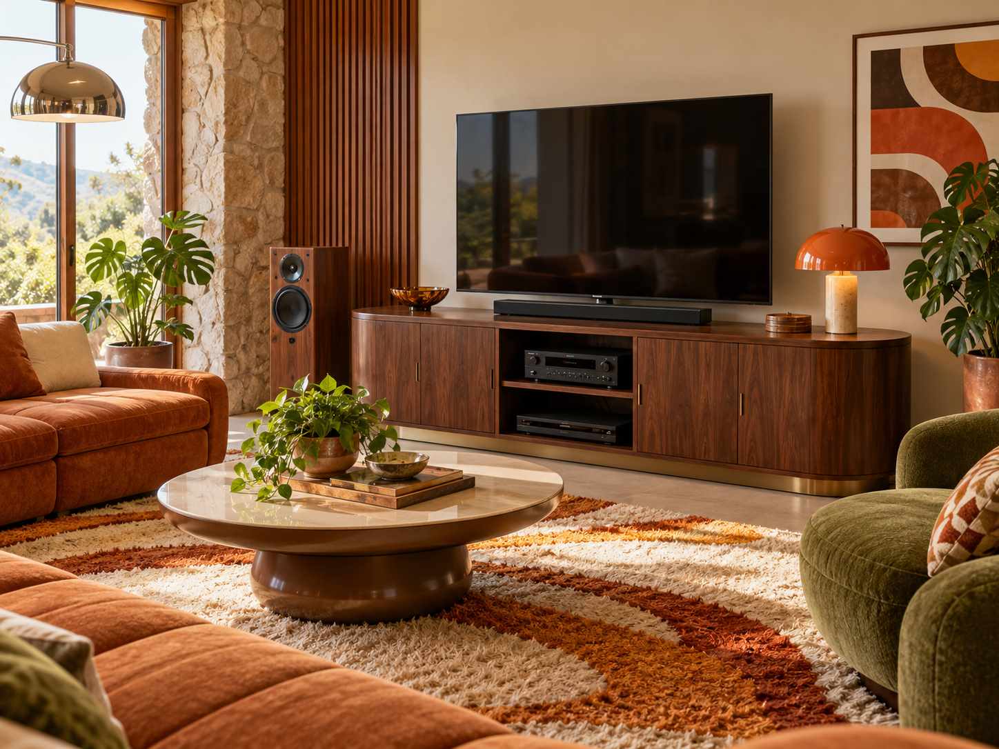 Curved wooden media cabinet below a television