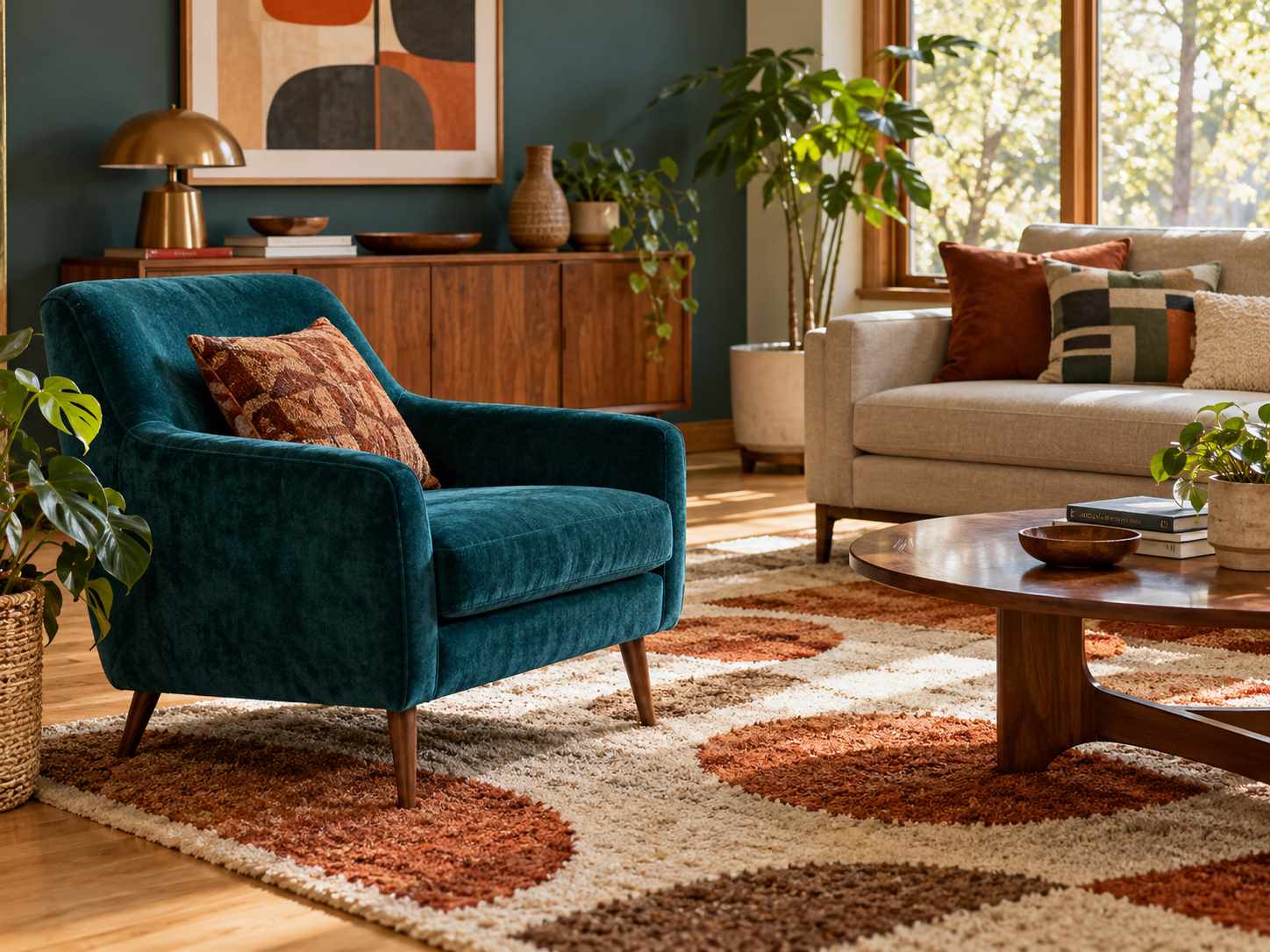 Deep teal armchair beside neutral seating