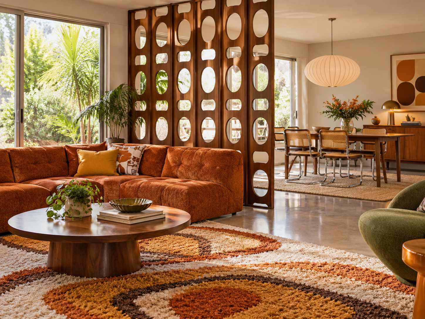 Open geometric divider between living and dining spaces