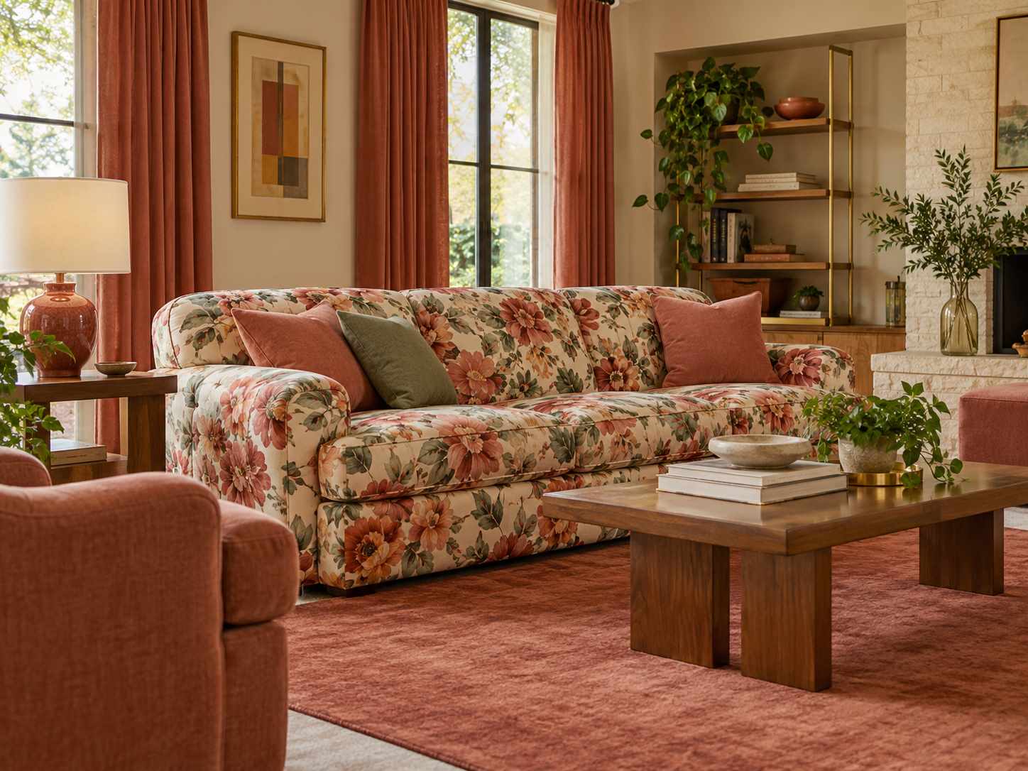 Floral sofa with plain supporting accessories