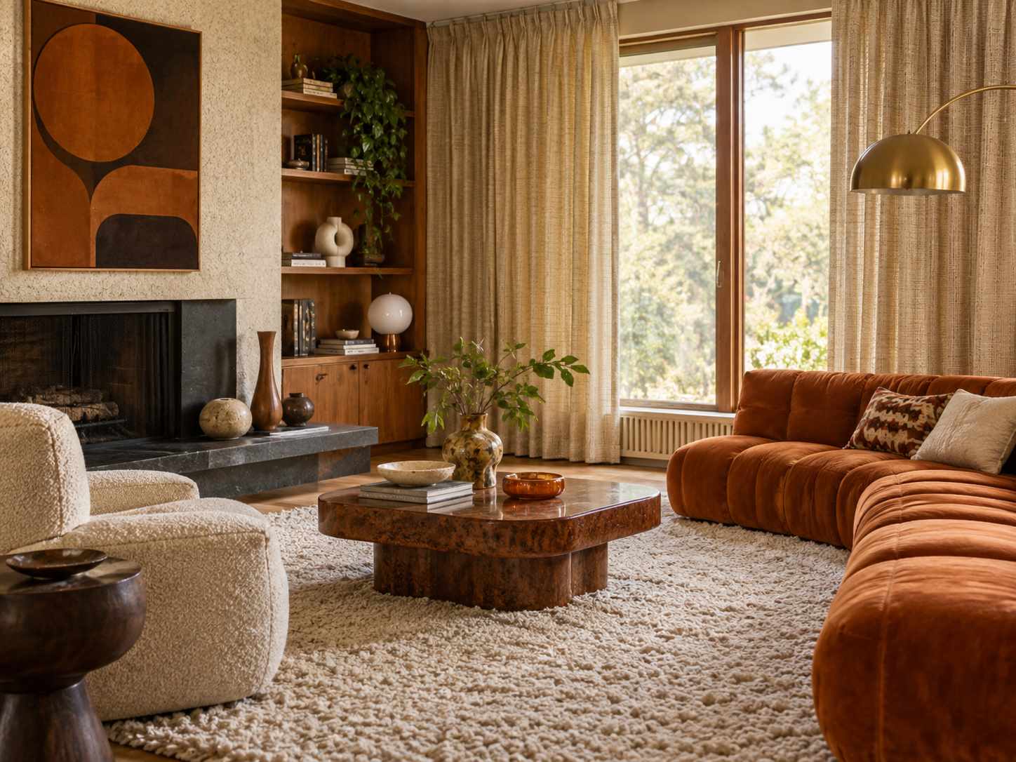 Plain textured curtains behind retro living room seating