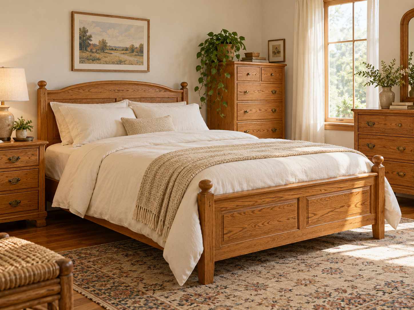 Honey oak bed and furniture with cream bedding