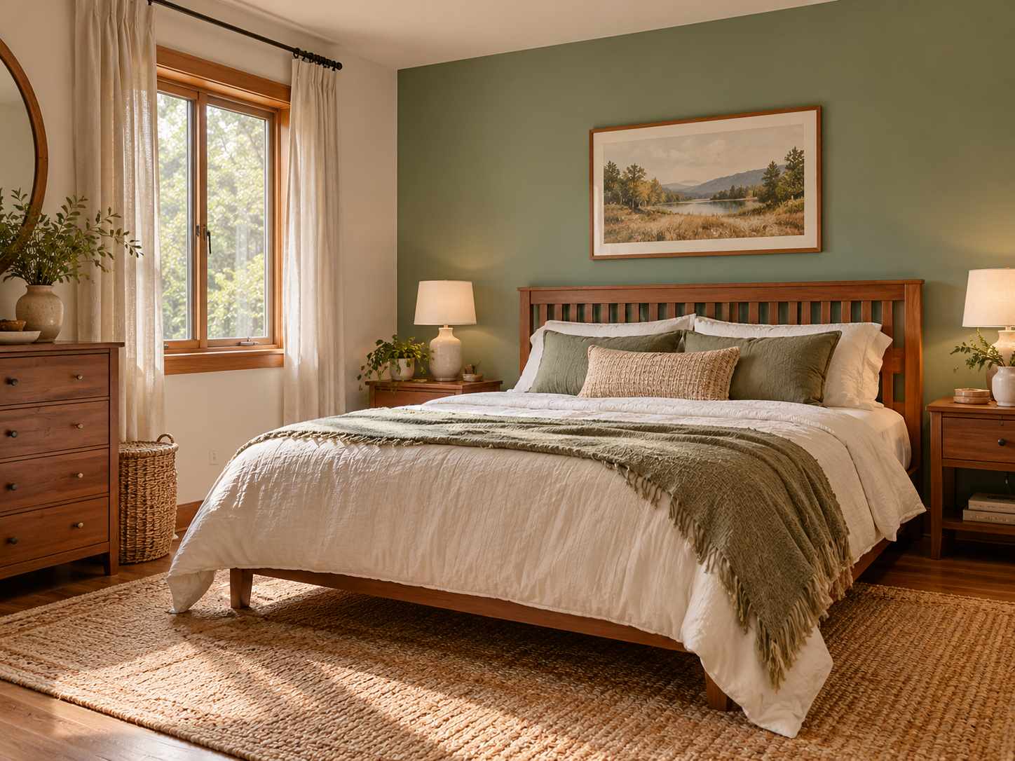 Sage wall behind a wooden headboard