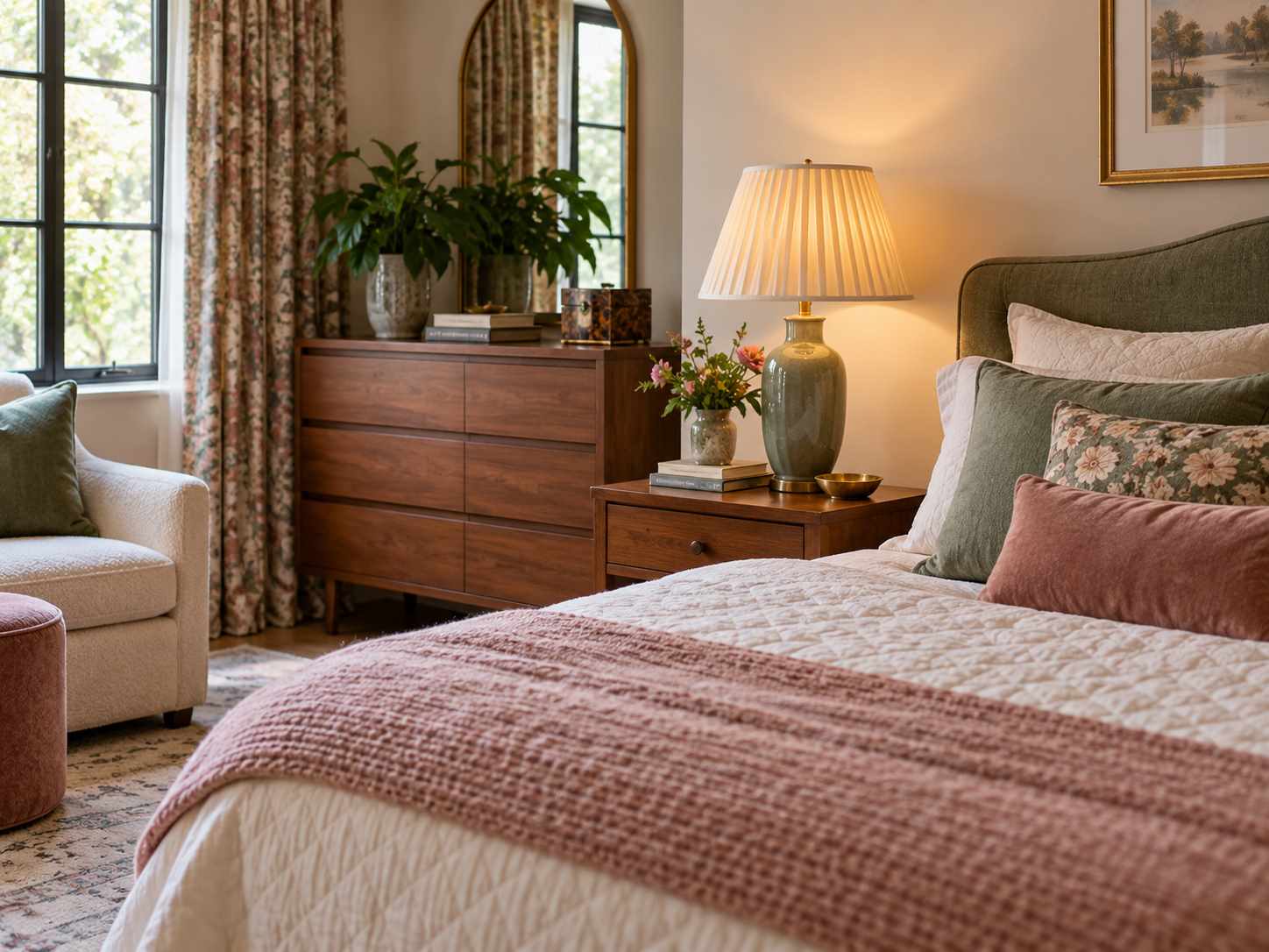 Pleated bedside lamp beside patterned bedding