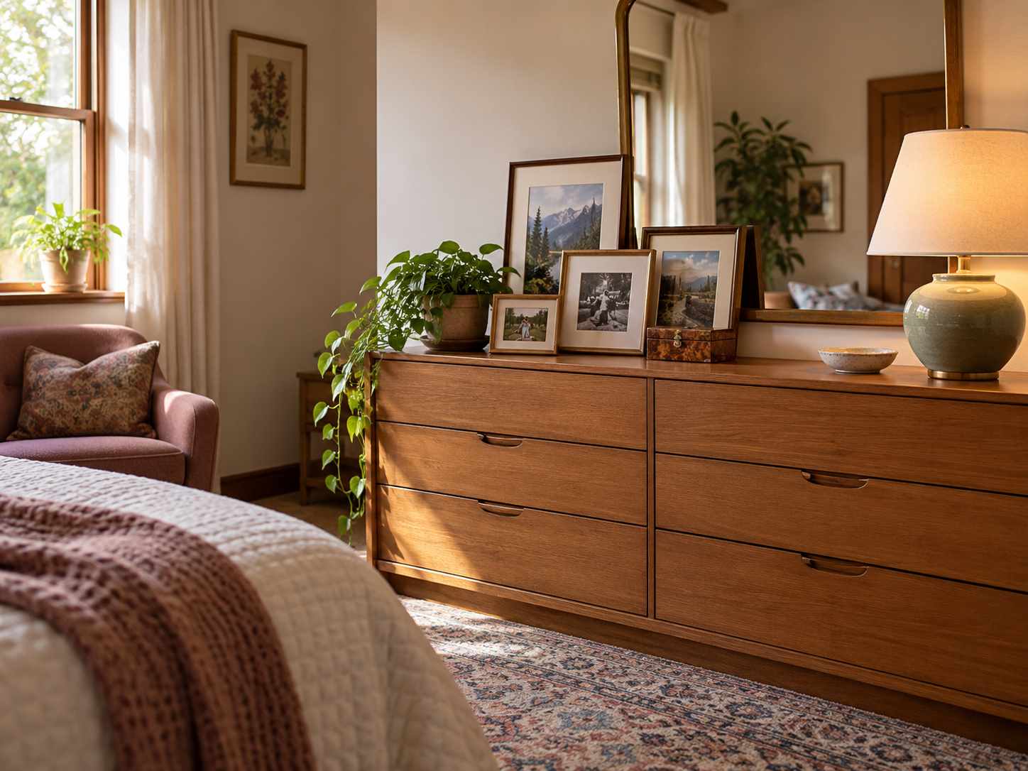 Small framed photo group on a wooden dresser