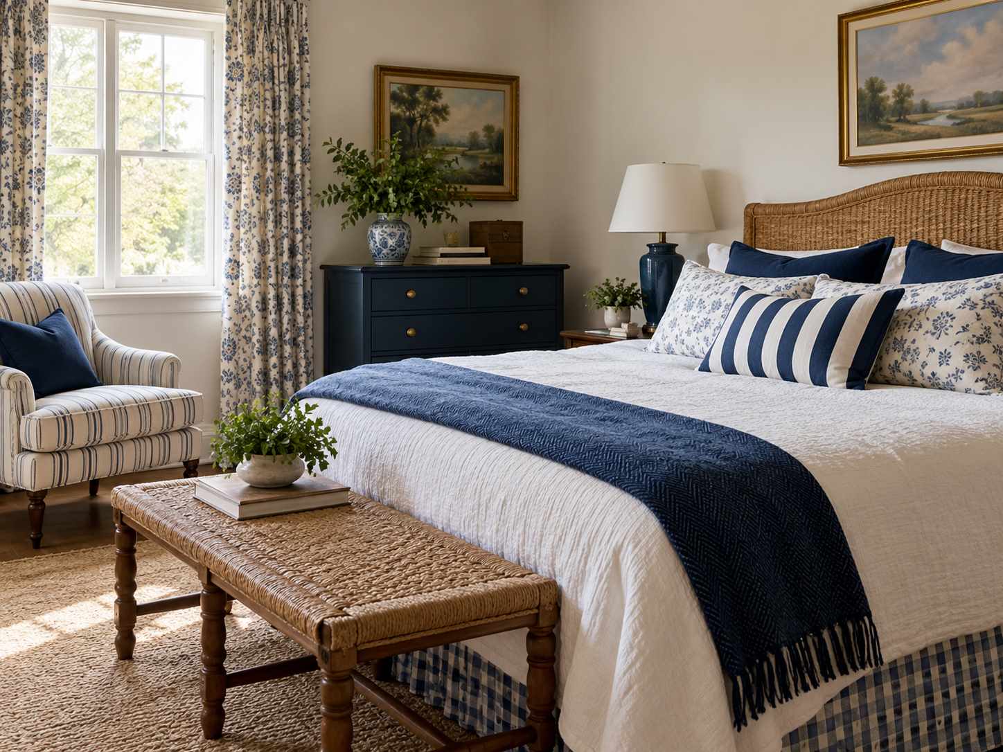 Navy and white striped bedroom textiles