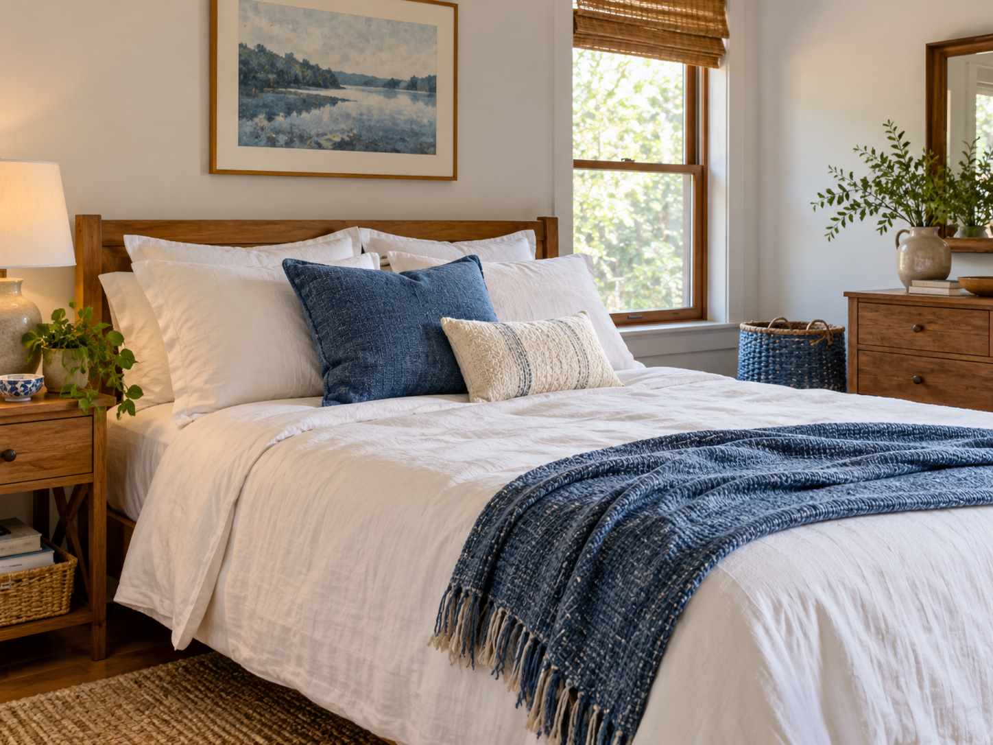 Denim-blue cushions with white bedding