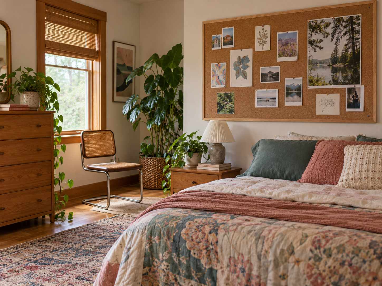 Pinboard with small pictures beside a bed