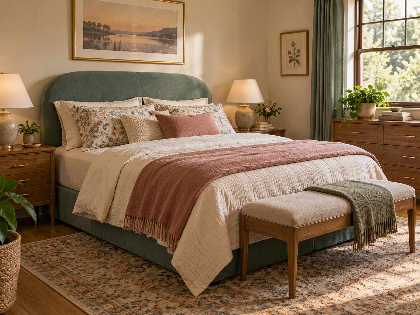 Modest upholstered headboard with plain bedding