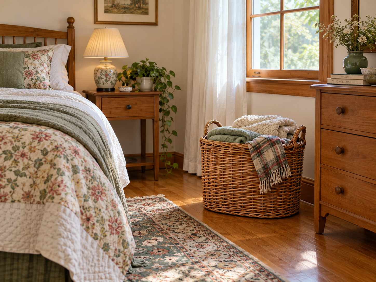 Wicker basket holding spare bedding