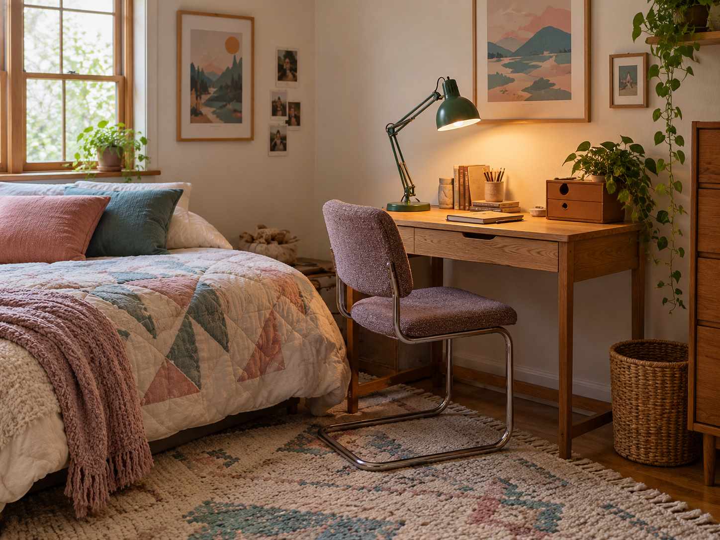 Small bedroom desk with a task lamp
