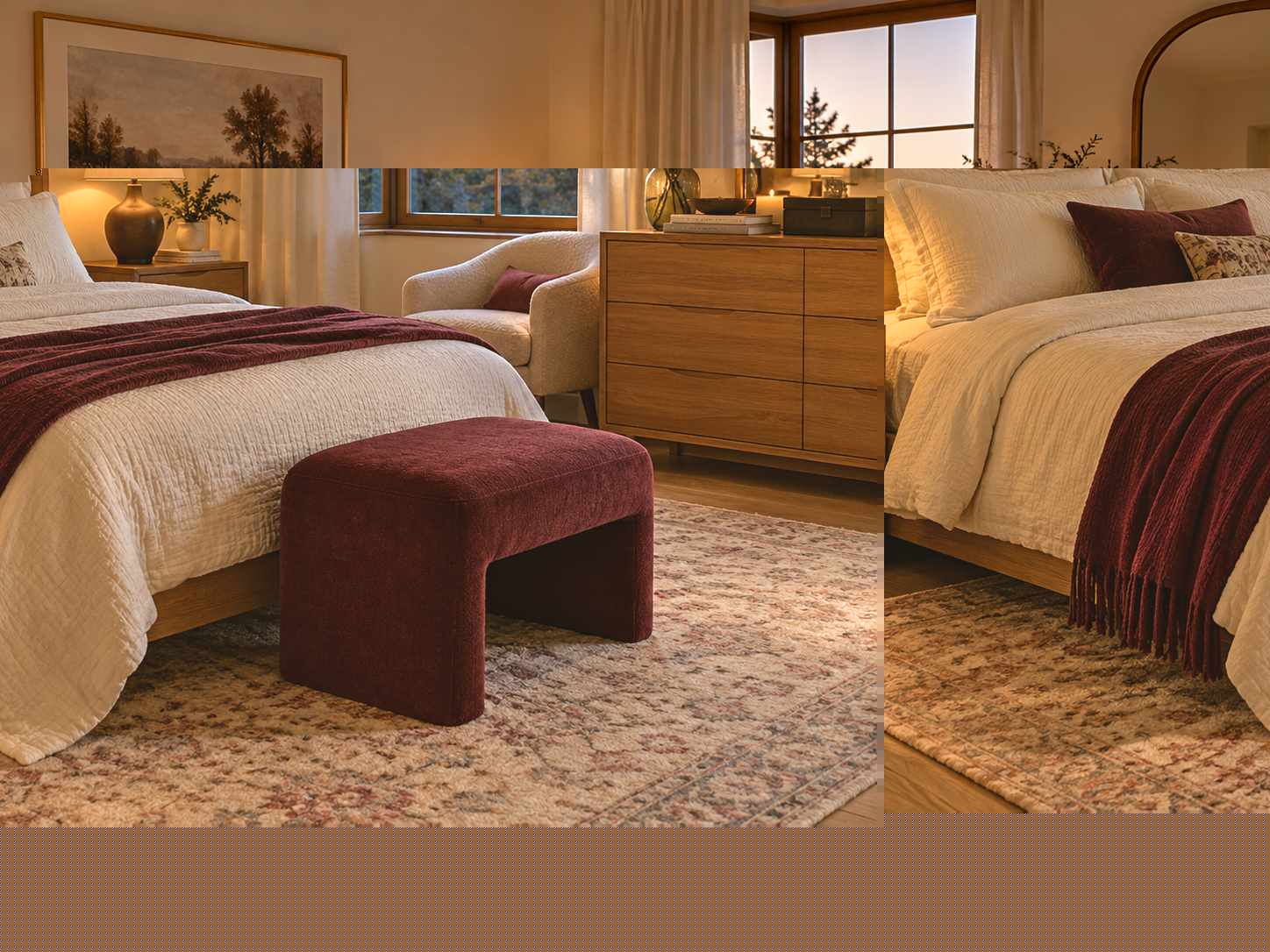Muted burgundy accent at a bedroom bench