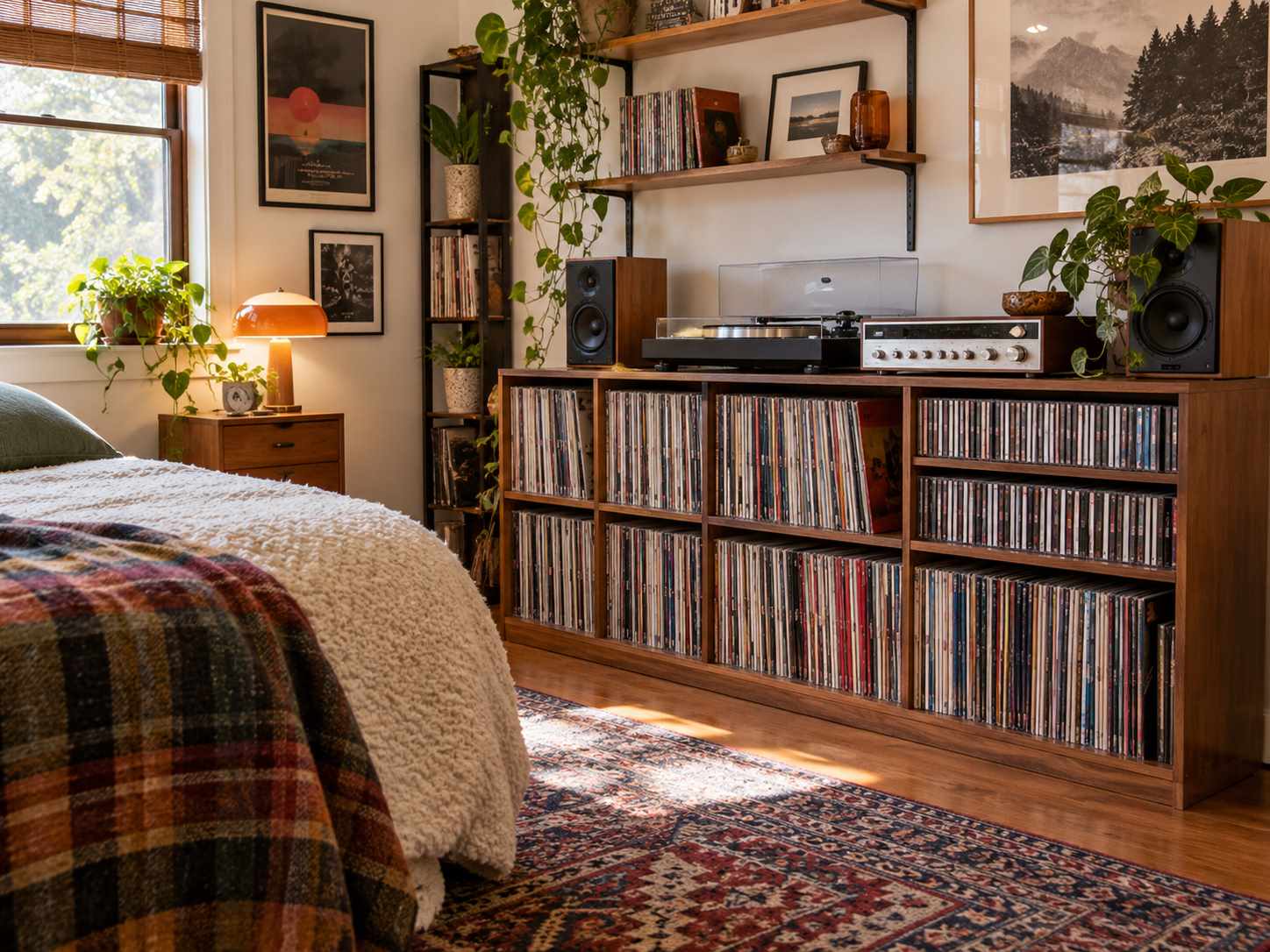 Music collection arranged beside a bedroom record player