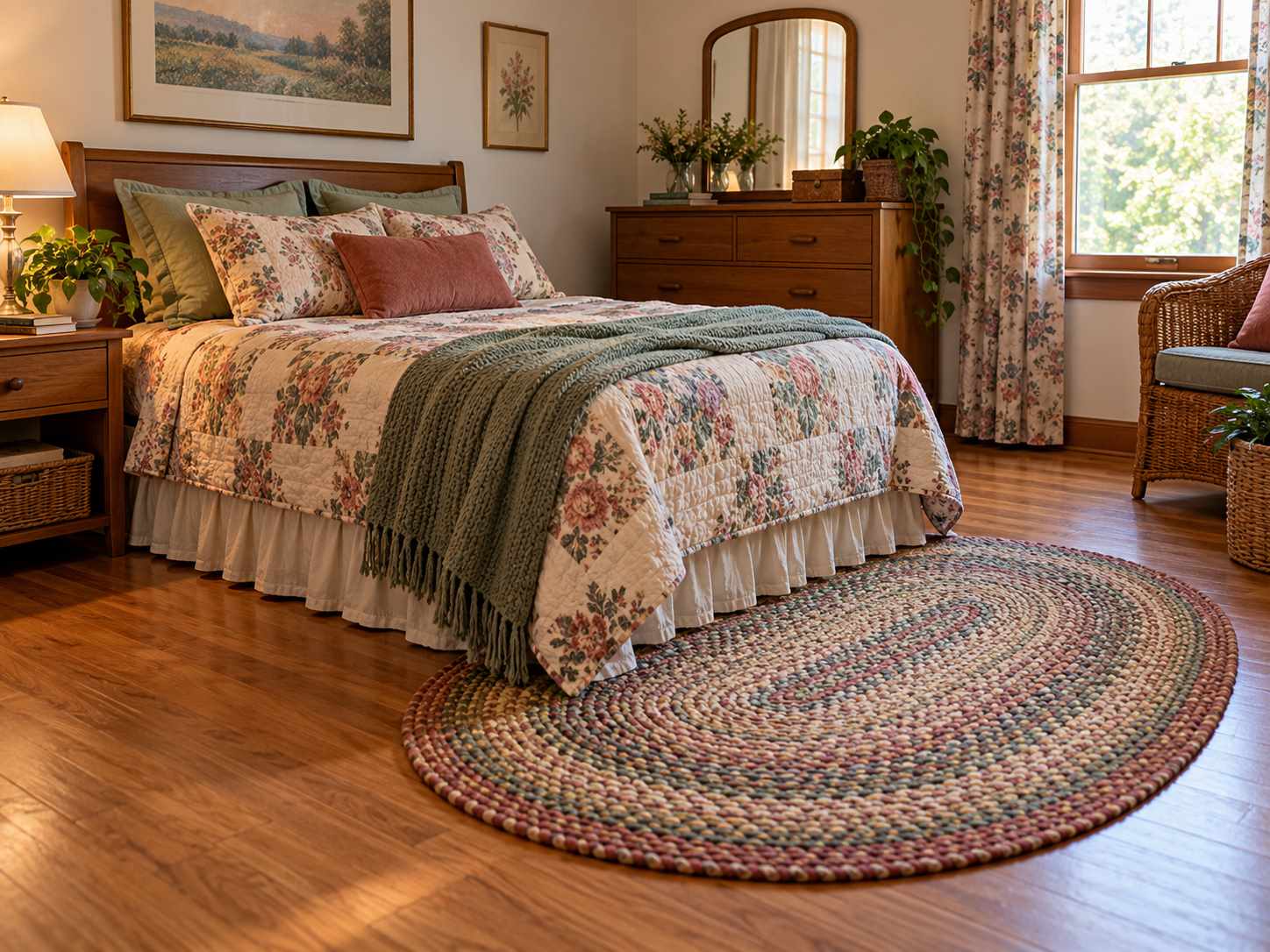 Small braided rug beside a bed