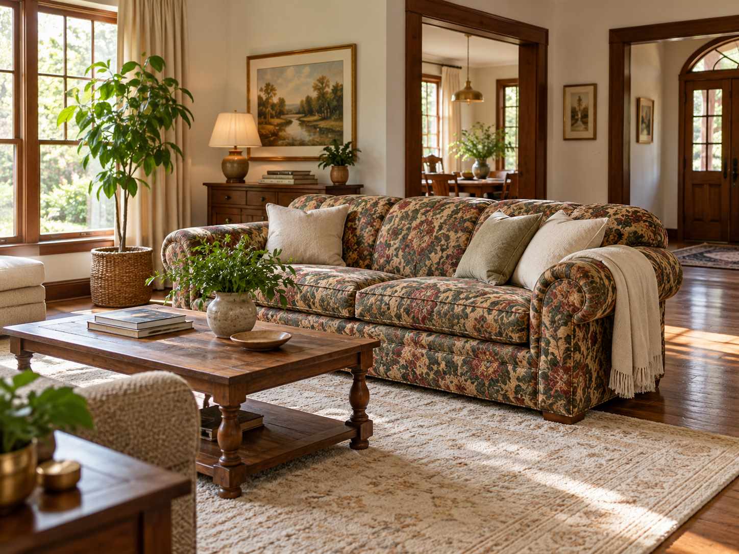 Roll-arm sofa in a relaxed living room