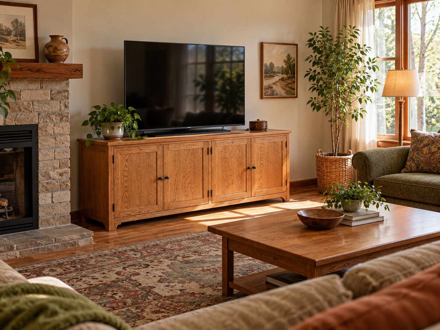 Oak media cabinet with closed storage