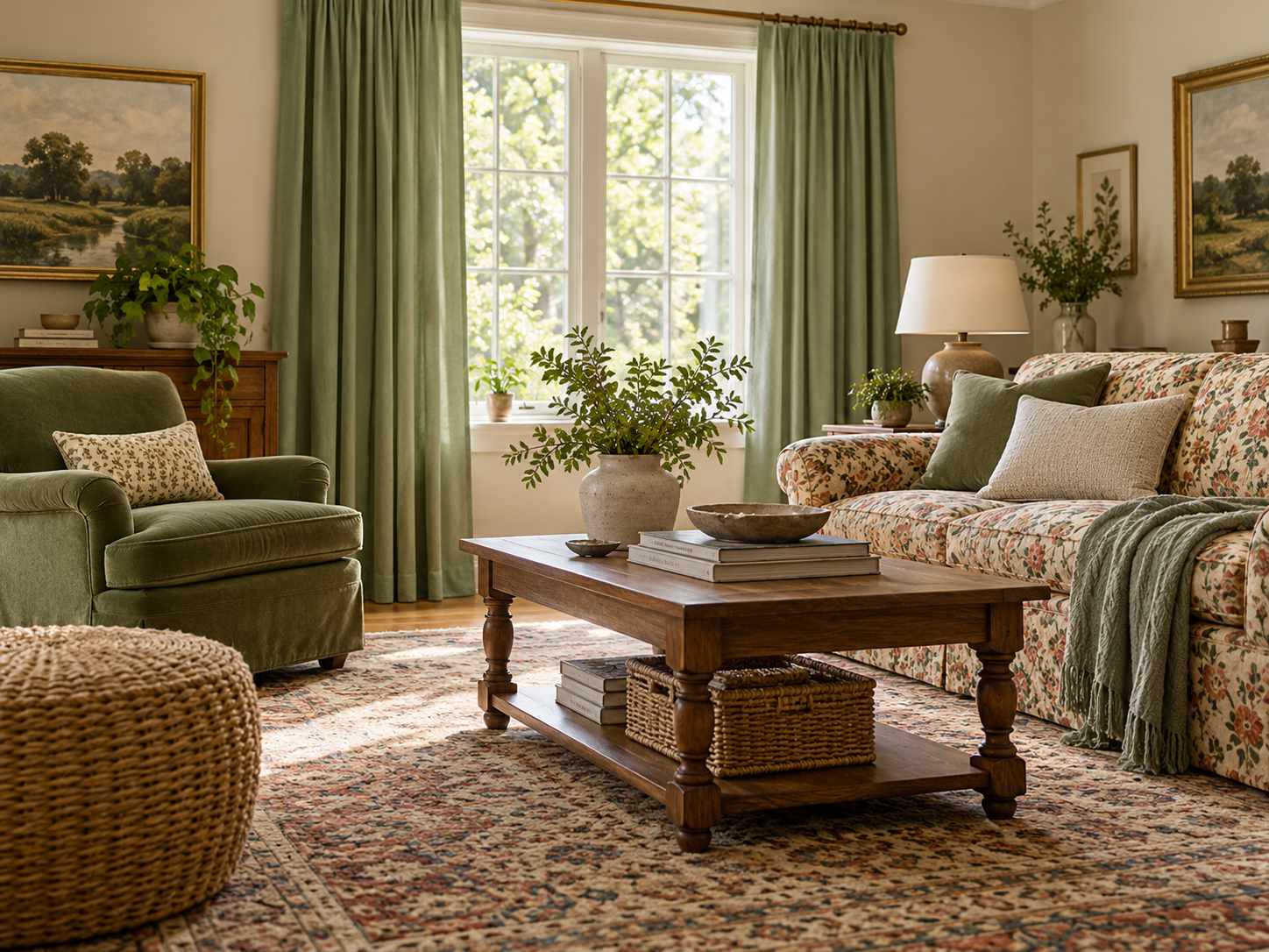 Sage curtains framing a living room window