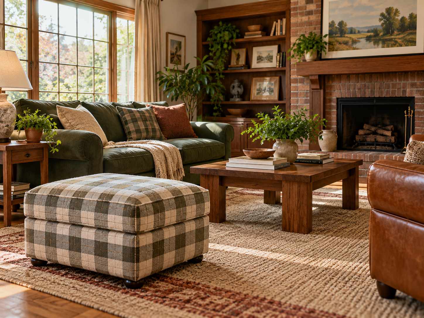Checked upholstered ottoman beside seating