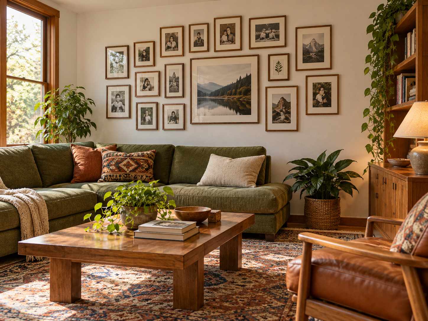 Grouped family photographs above a sofa