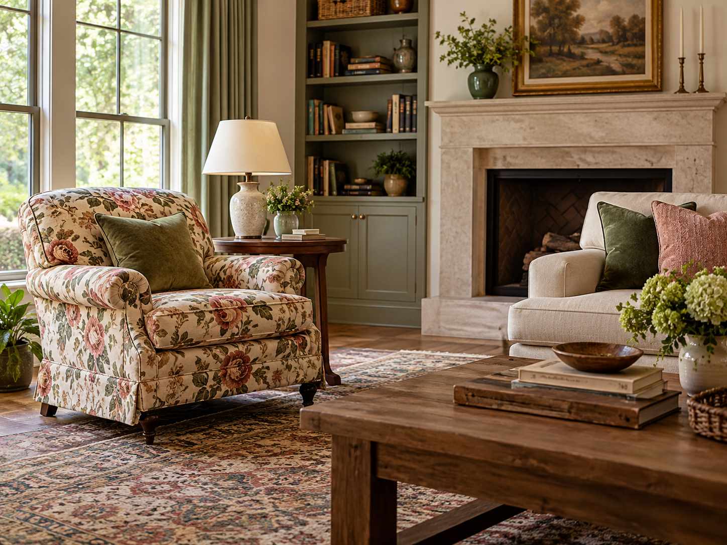 Small floral armchair beside plain seating