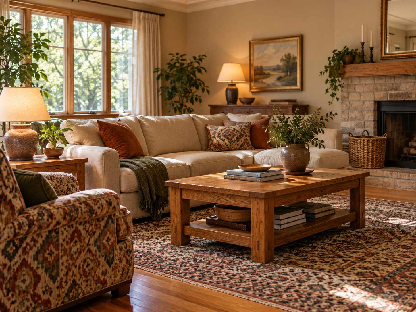 Warm neutral living room wall behind wood furniture
