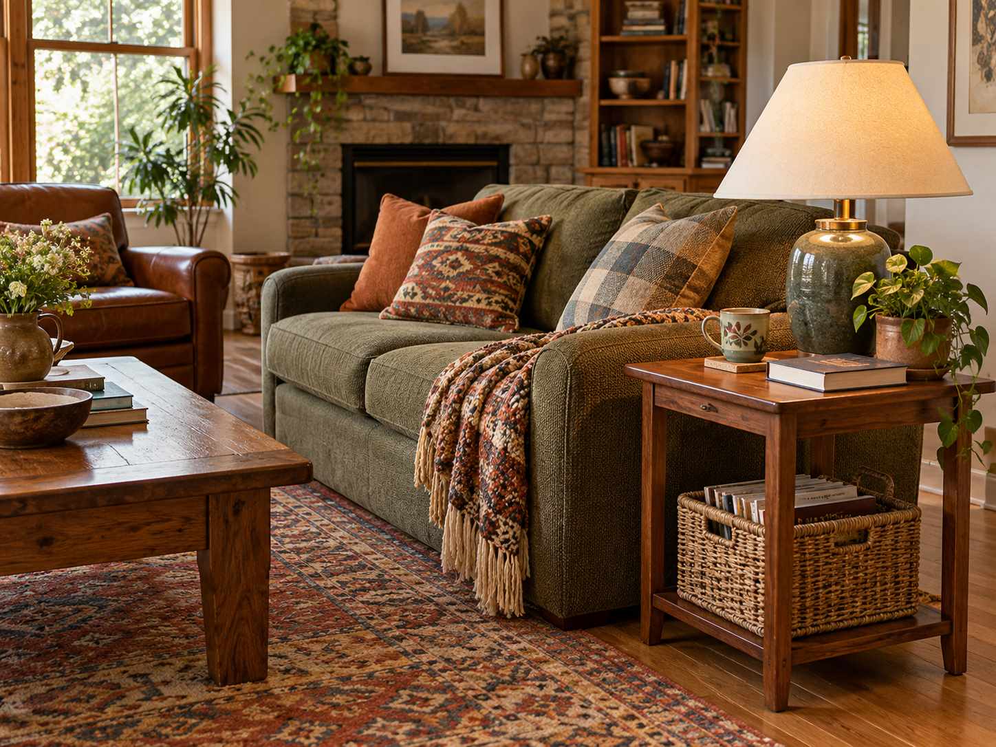 Useful reading table and lamp beside a sofa