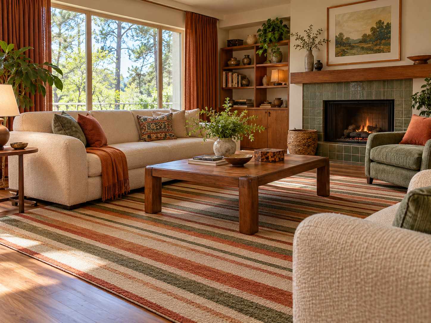 Striped rug beneath a living room seating group