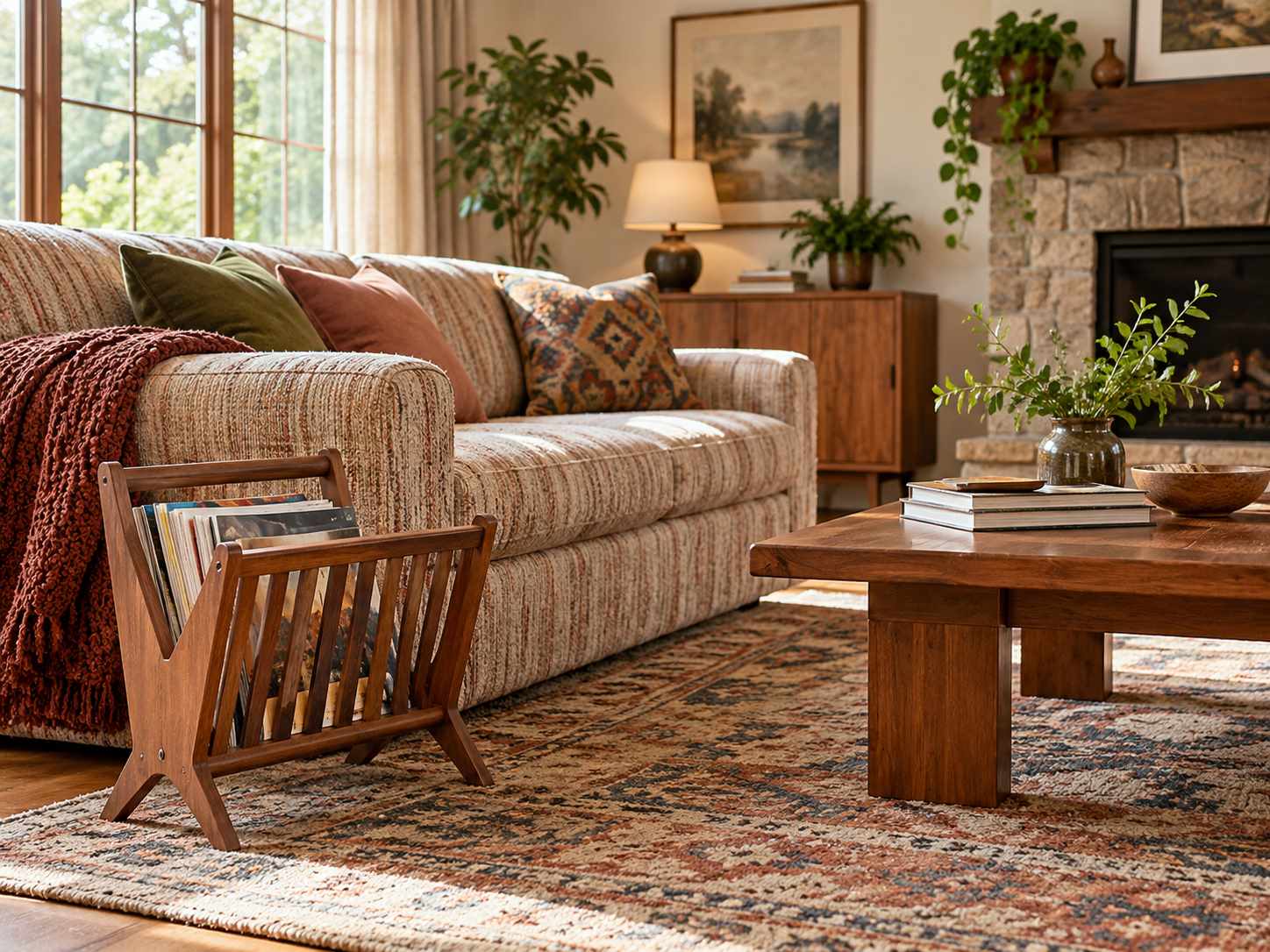 Simple wooden magazine rack beside a sofa