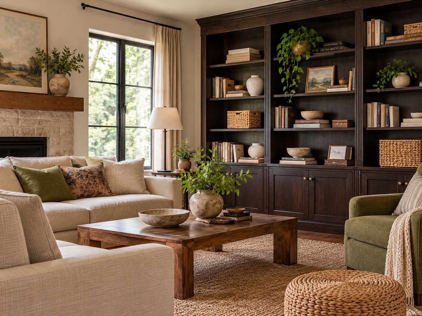 Dark bookcase balanced with pale objects and storage