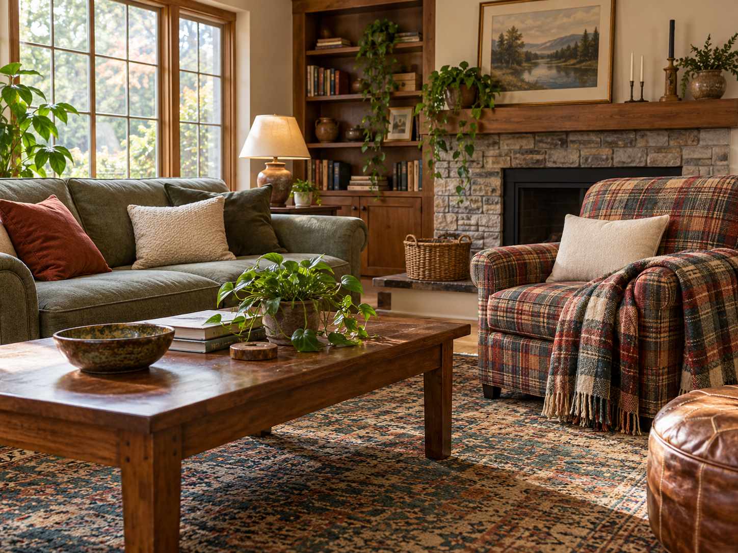 Muted plaid throw on a comfortable seat