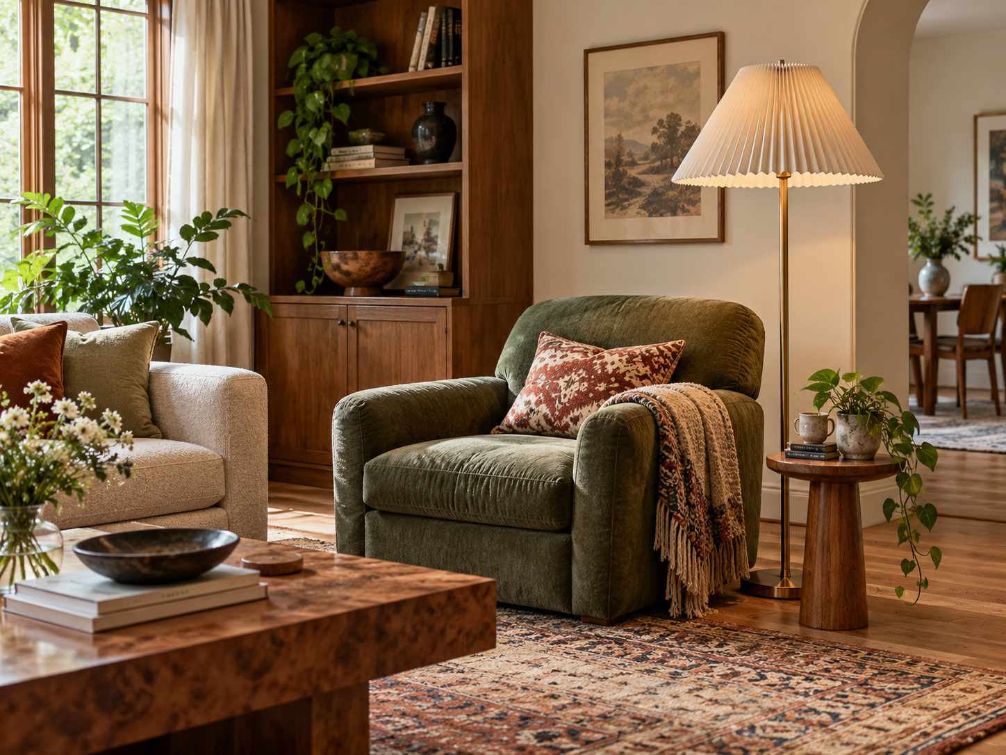 Pleated floor-lamp shade beside a reading chair
