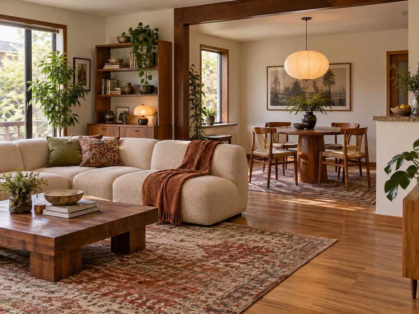 Small round dining table in an open-plan room