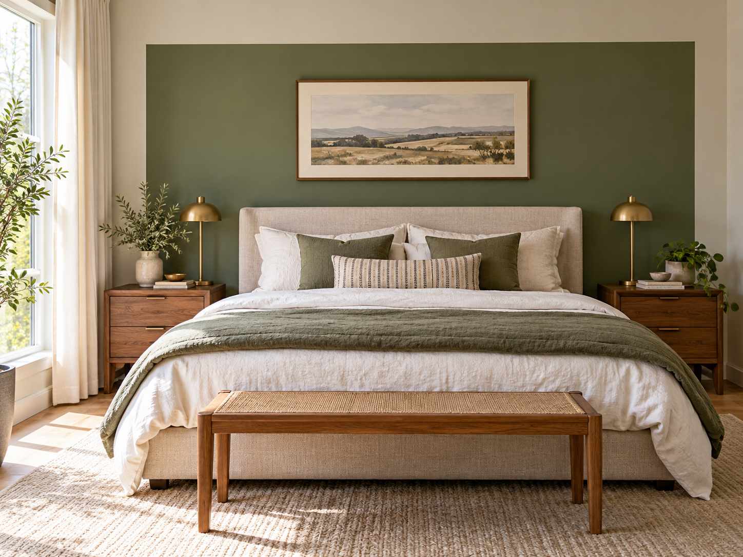 Wide painted rectangle behind an upholstered bed