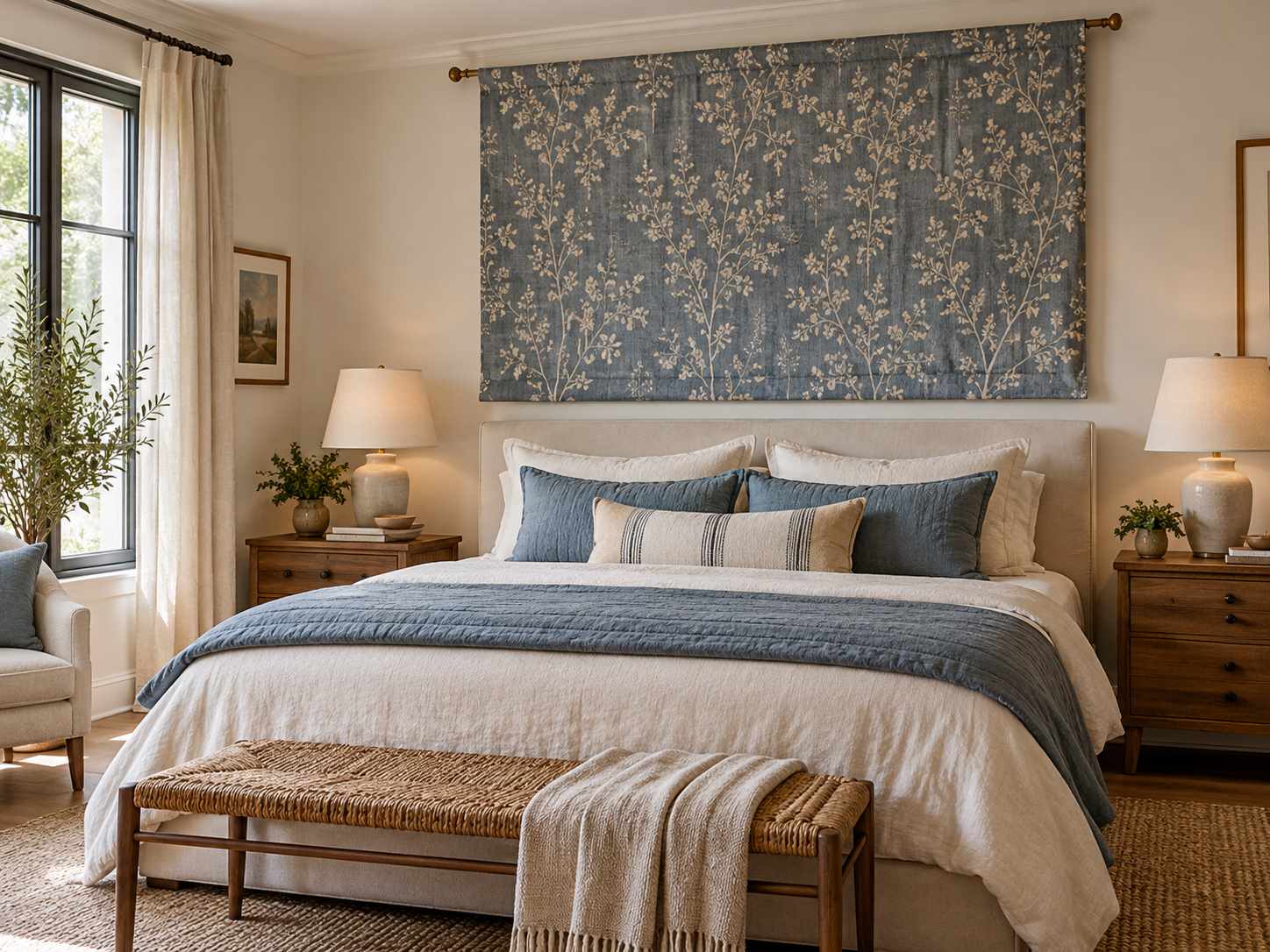 Lightweight textile panel above a bed
