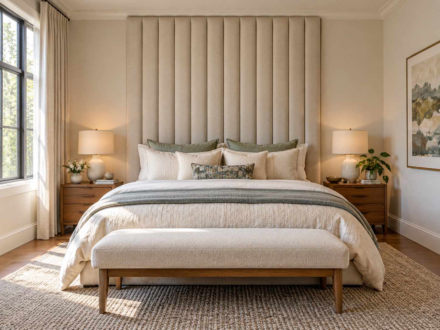 Tall upholstered headboard filling a bedroom wall