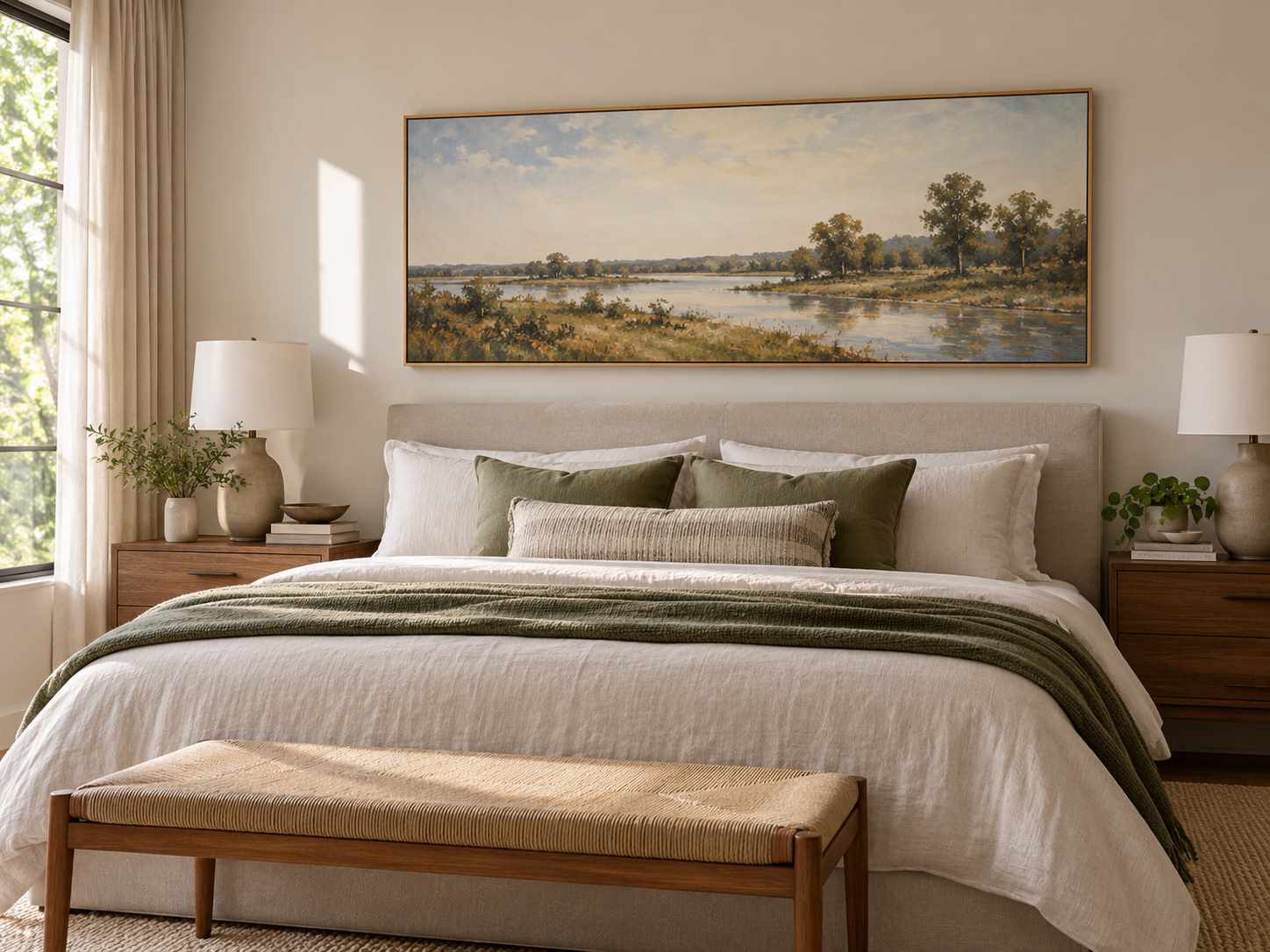 Single wide landscape canvas above a bed